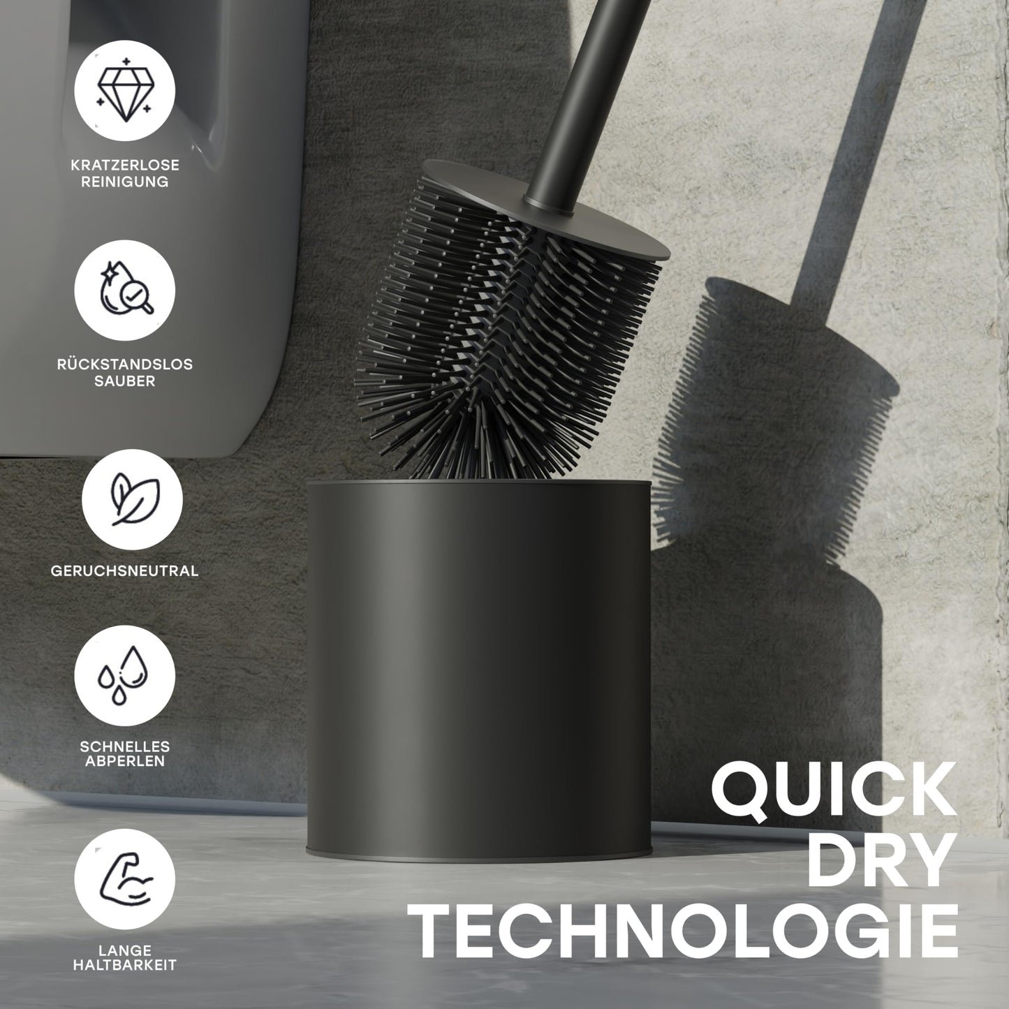 SAVEGA - Klobürste Silikon Edelstahl - Antibakterielle Toilettenbürste mit stilvollem WC Bürstenhalter - Design WC Bürste Silikon mit Spritzschutz - Klobesen - Toilet Brush (Schwarz)